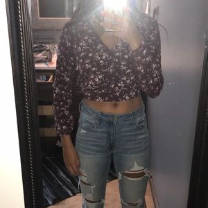 Tillys Floral shirt maroon v neck